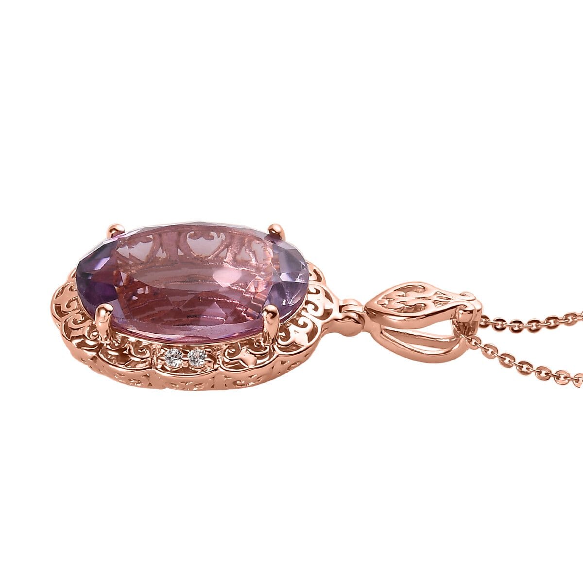 Rose De France Amethyst and White Zircon Pendant Necklace 20 Inches in Vermeil Rose Gold Over Sterling Silver 11.35 ctw image number 3
