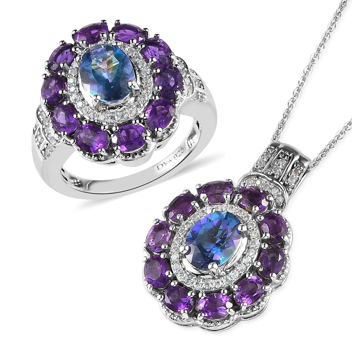 Brazilian Blue Petalite, Multi Gemstone Cocktail Ring (Size 6.0) and Pendant Necklace (20 Inches) in Platinum Over Sterling Silver 5.85 ctw image number 0