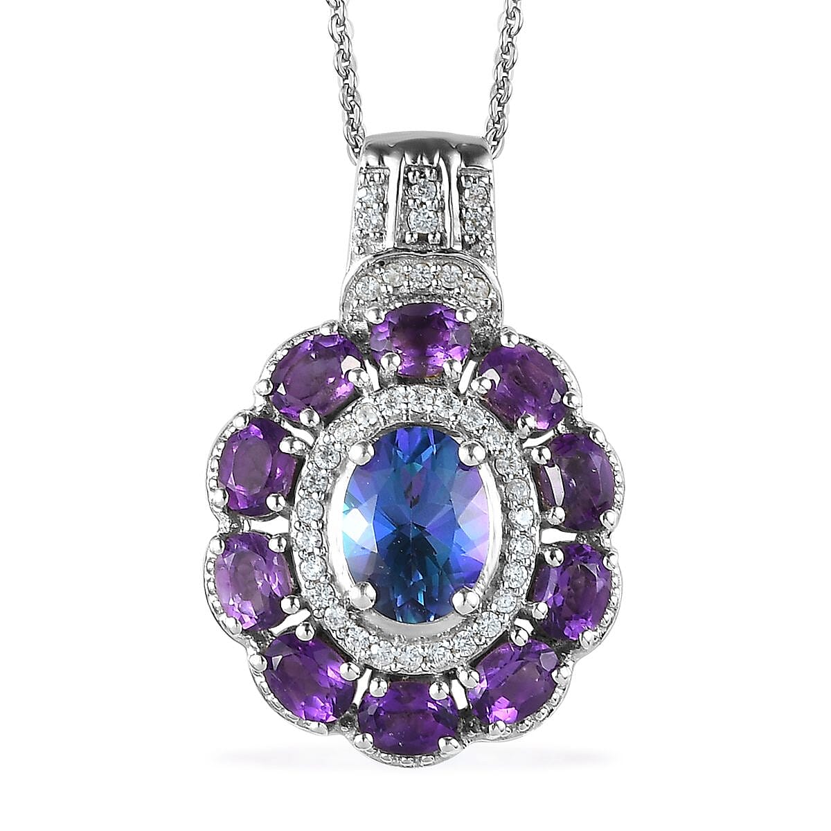 Brazilian Blue Petalite and Multi Gemstone Cocktail Ring (Size 6.0) and Pendant Necklace 20 Inches in Platinum Over Sterling Silver 5.85 ctw