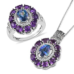 Brazilian Blue Petalite and Multi Gemstone Cocktail Ring (Size 7.0) and Pendant Necklace 20 Inches in Platinum Over Sterling Silver 5.85 ctw