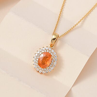 Premium Viceroy Spessartine Garnet and Moissanite Sunburst Pendant Necklace 20 Inches in Vermeil Yellow Gold Over Sterling Silver 2.00 ctw