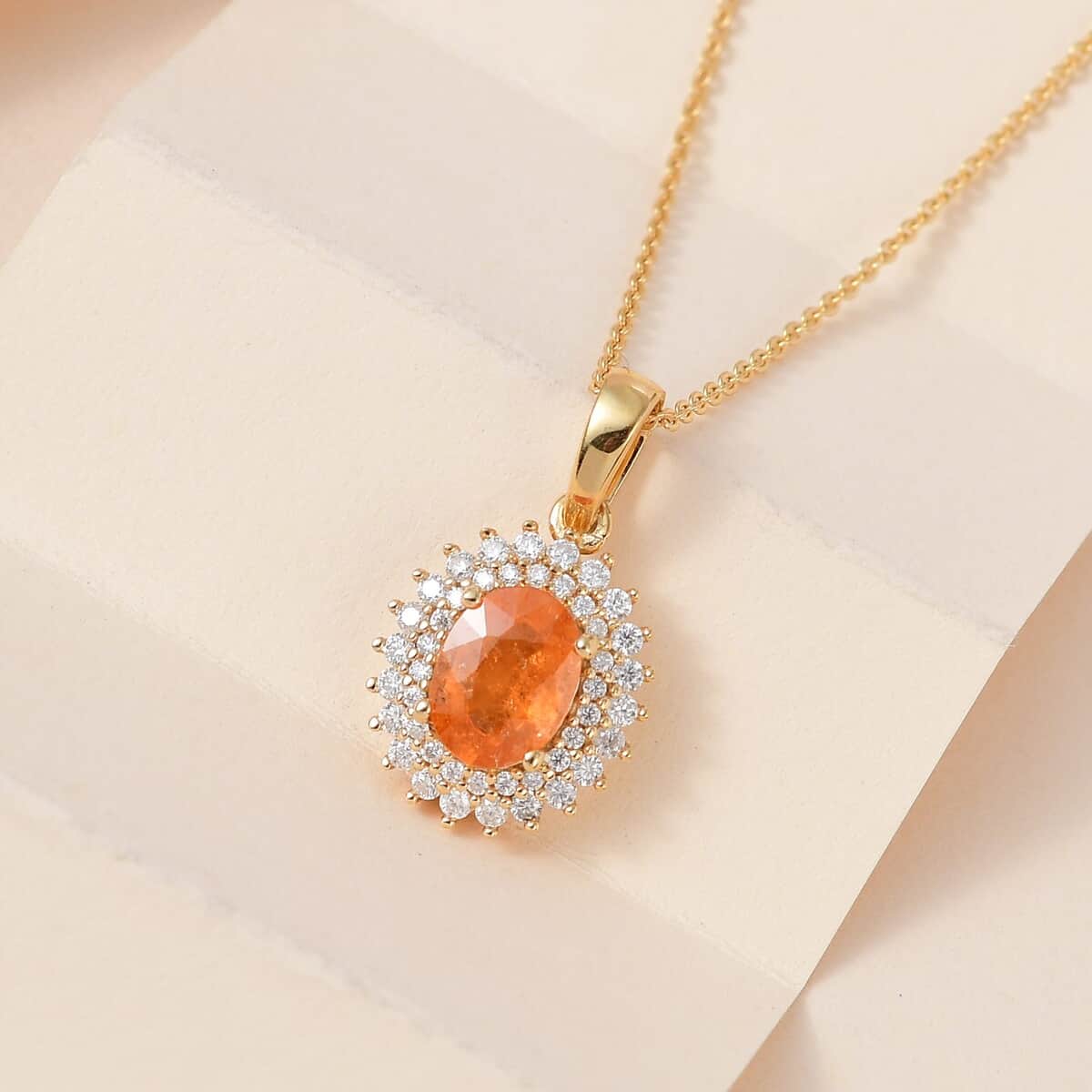 Premium Viceroy Spessartine Garnet and Moissanite Sunburst Pendant Necklace 20 Inches in Vermeil Yellow Gold Over Sterling Silver 2.00 ctw image number 1