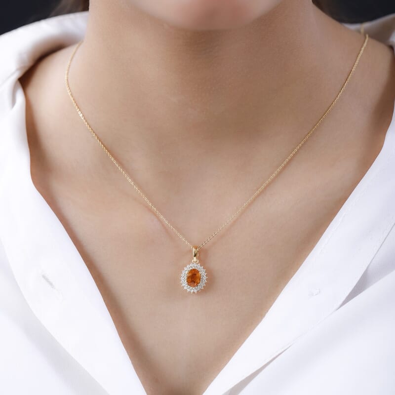 Premium Viceroy Spessartine Garnet and Moissanite Sunburst Pendant Necklace 20 Inches in Vermeil Yellow Gold Over Sterling Silver 2.00 ctw