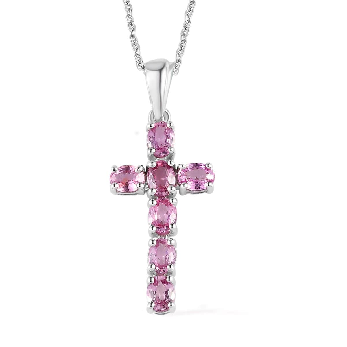 Premium Madagascar Pink Sapphire Cross Pendant Necklace 20 Inches in Platinum Over Sterling Silver 1.50 ctw image number 0