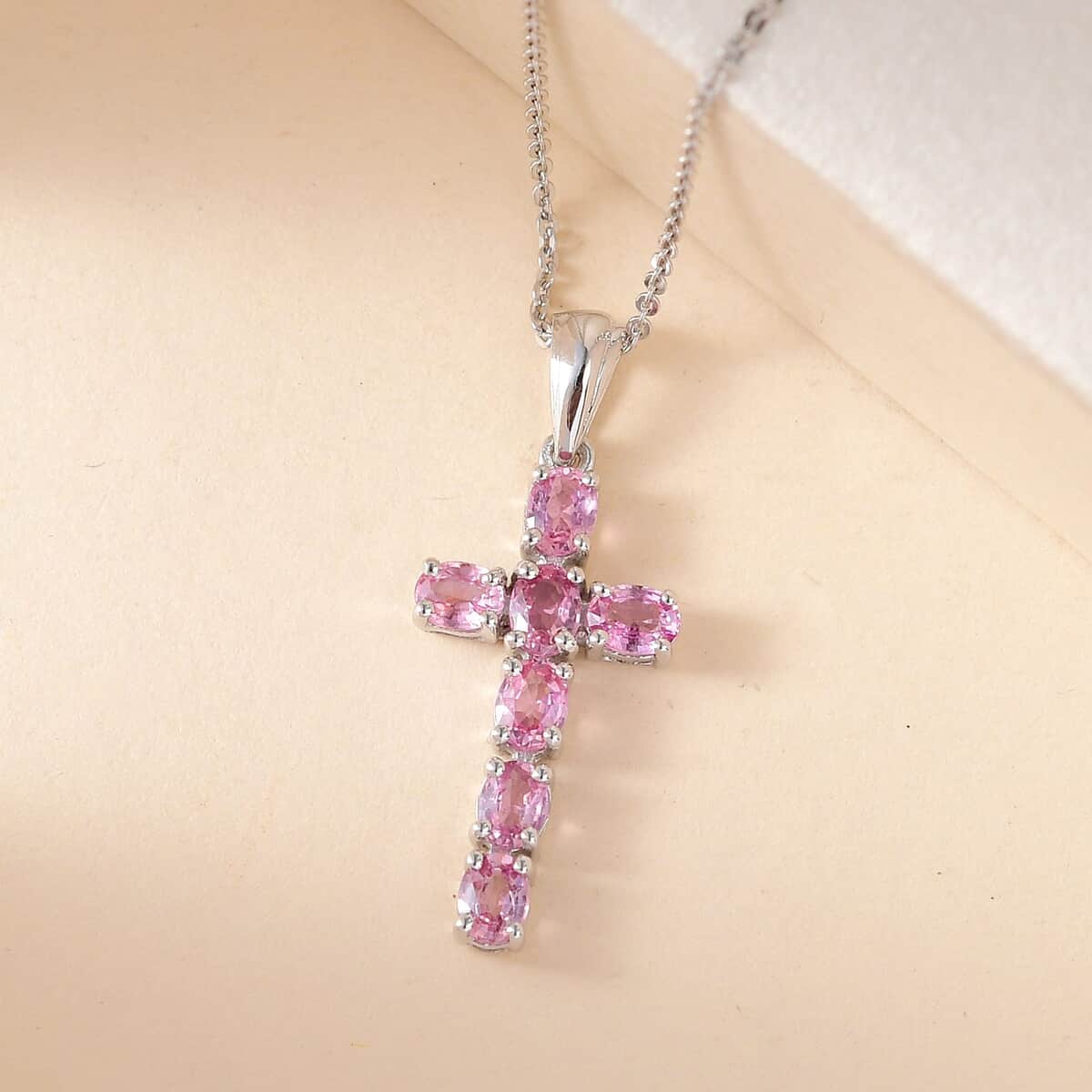 Premium Madagascar Pink Sapphire Cross Pendant Necklace 20 Inches in Platinum Over Sterling Silver 1.50 ctw image number 1