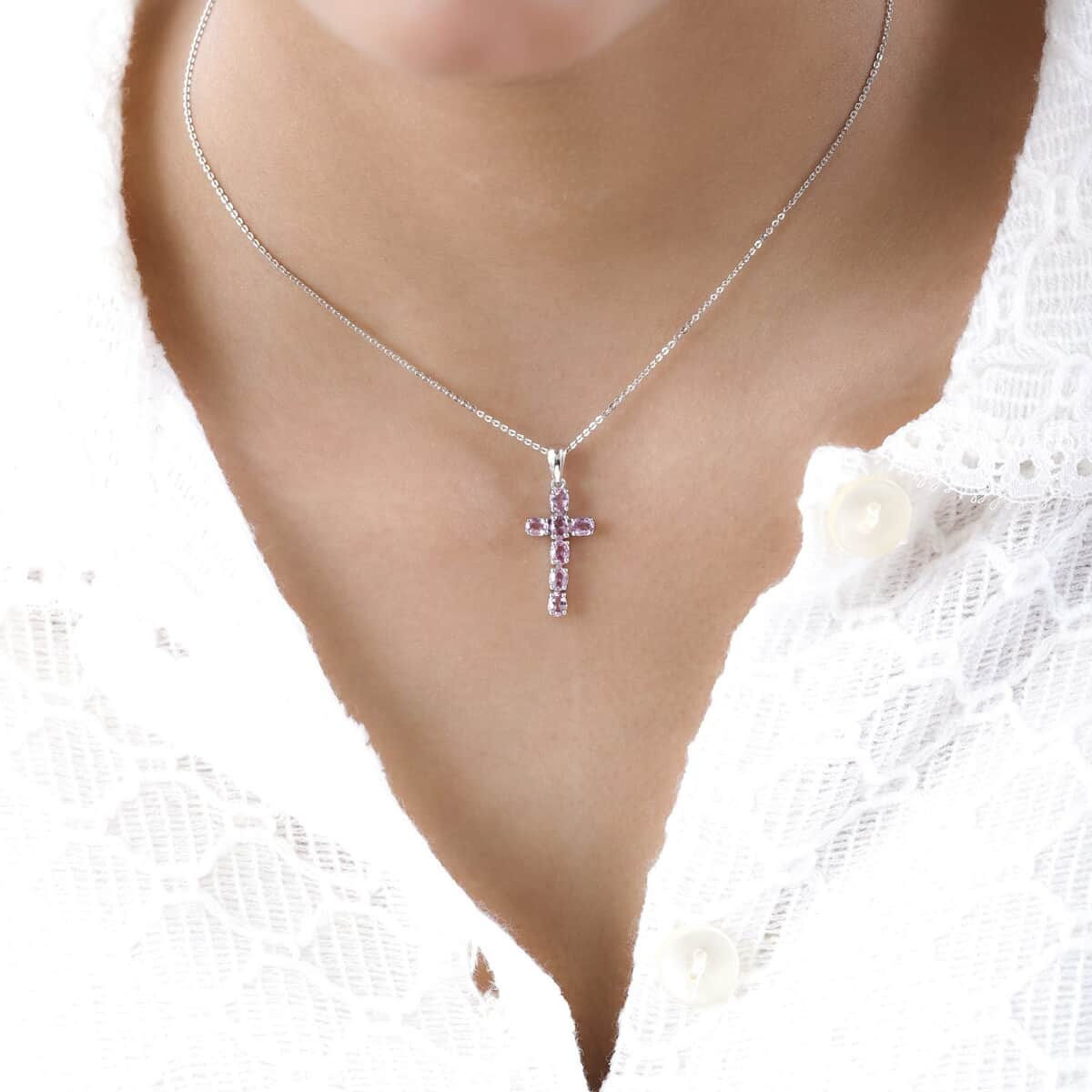 Premium Madagascar Pink Sapphire Cross Pendant Necklace 20 Inches in Platinum Over Sterling Silver 1.50 ctw image number 2