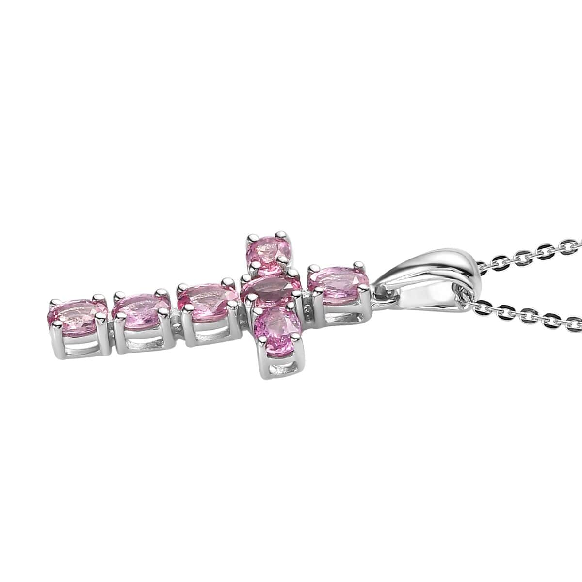 Premium Madagascar Pink Sapphire Cross Pendant Necklace 20 Inches in Platinum Over Sterling Silver 1.50 ctw image number 3