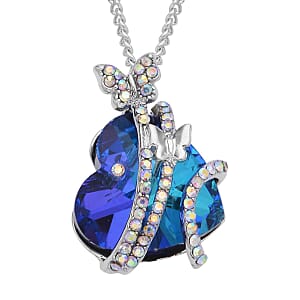 Blue Magic Color Glass and Simulated Mystic White Crystal Fancy Heart Pendant Necklace 20-22 Inches in Silvertone