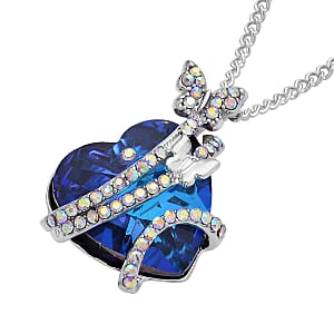 Blue Magic Color Glass and Simulated Mystic White Crystal Fancy Heart Pendant Necklace 20-22 Inches in Silvertone
