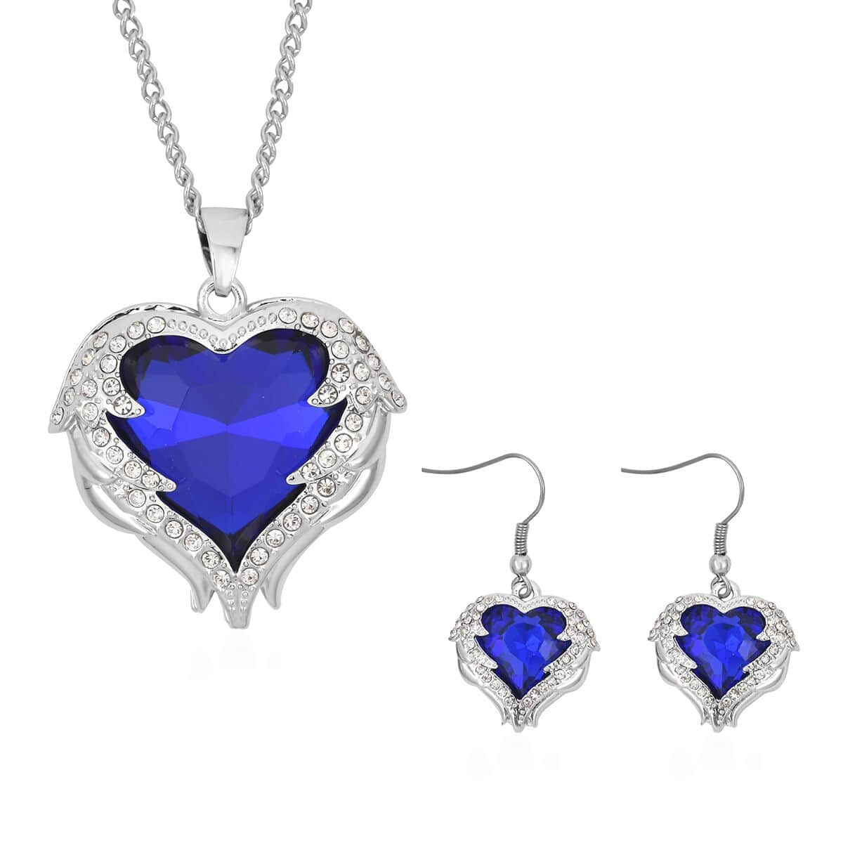 Blue Glass, Austrian Crystal Heart Pendant Necklace 24-26 Inches and Earrings in Silvertone image number 0