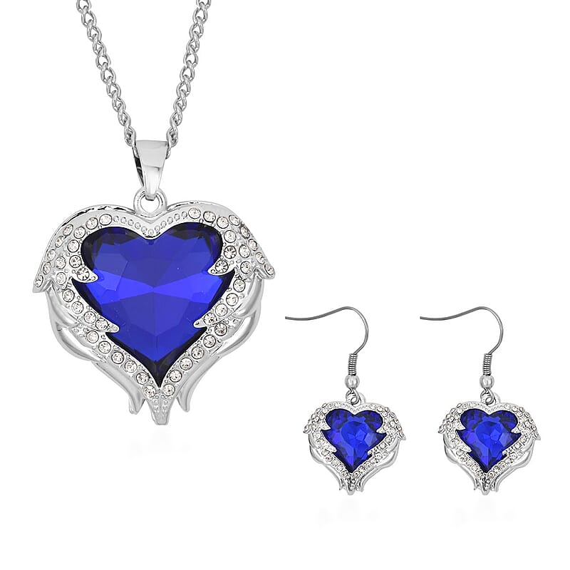 Simulated Blue Sapphire, Austrian Crystal Heart Pendant Necklace 24-26 Inches and Earrings in Silvertone