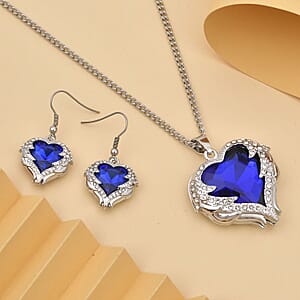Blue Glass, Austrian Crystal Heart Pendant Necklace 24-26 Inches and Earrings in Silvertone