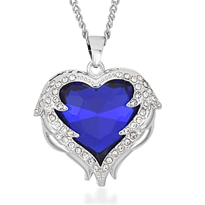 Blue Glass, Austrian Crystal Heart Pendant Necklace 24-26 Inches and Earrings in Silvertone