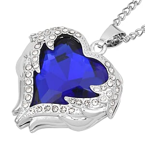 Blue Glass, Austrian Crystal Heart Pendant Necklace 24-26 Inches and Earrings in Silvertone