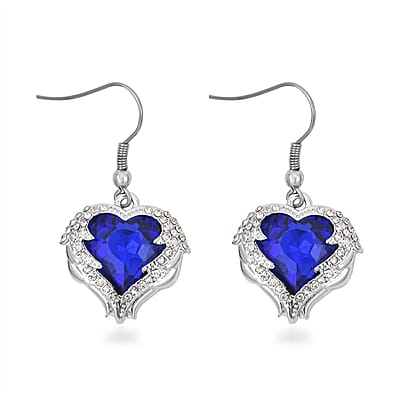 Simulated Blue Sapphire, Austrian Crystal Heart Pendant Necklace 24-26 Inches and Earrings in Silvertone