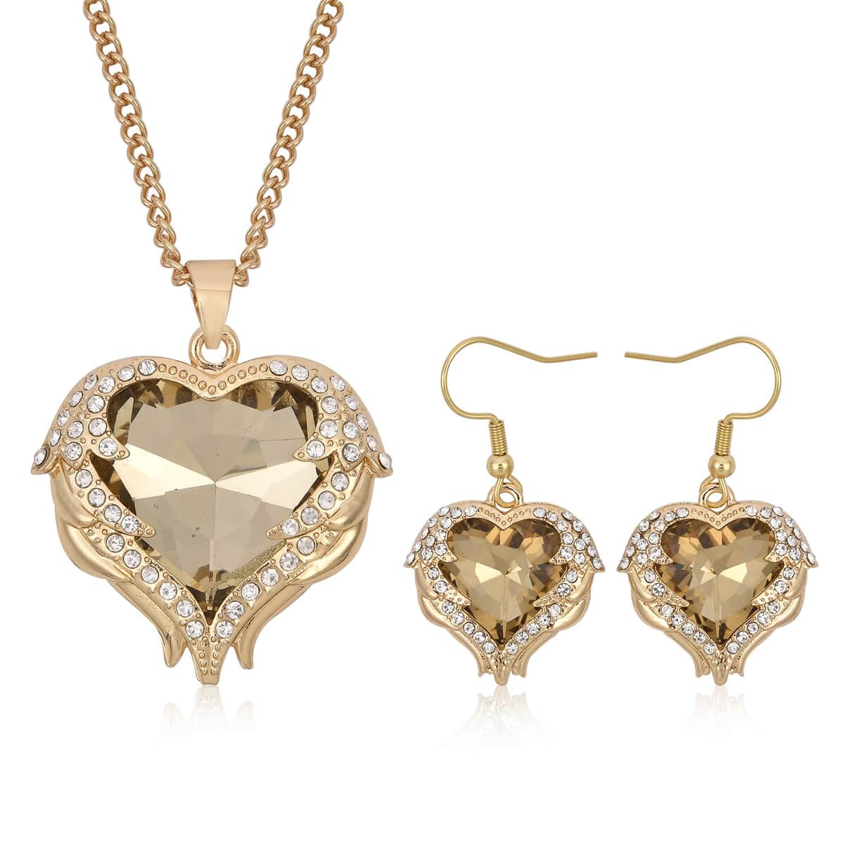 Champagne Glass, Austrian Crystal Heart Pendant Necklace 24-26 Inches and Earrings in Goldtone image number 0