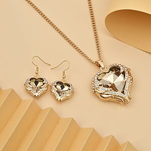 Champagne Glass, Austrian Crystal Heart Pendant Necklace 24-26 Inches and Earrings in Goldtone