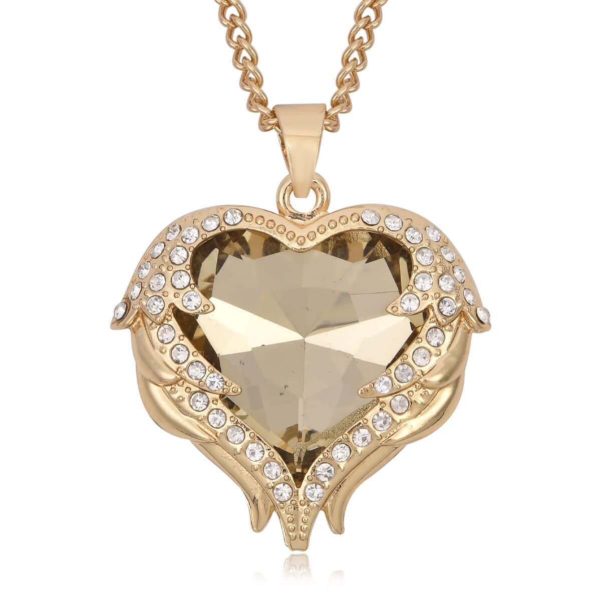 Champagne Glass, Austrian Crystal Heart Pendant Necklace 24-26 Inches and Earrings in Goldtone image number 2