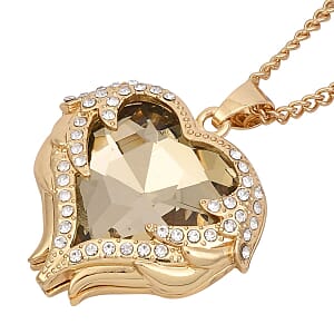 Champagne Glass, Austrian Crystal Heart Pendant Necklace 24-26 Inches and Earrings in Goldtone