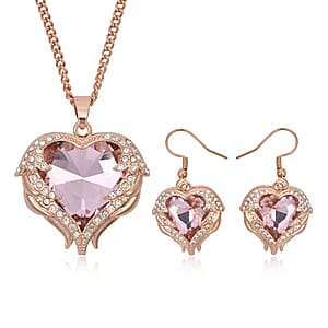 Pink Glass, Austrian Crystal Heart Pendant Necklace 24-26 Inches and Earrings in Rosetone