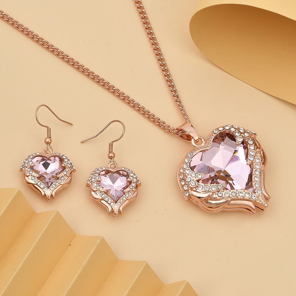 Pink Glass, Austrian Crystal Heart Pendant Necklace 24-26 Inches and Earrings in Rosetone image number 1