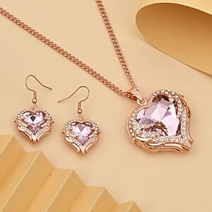 Pink Glass, Austrian Crystal Heart Pendant Necklace 24-26 Inches and Earrings in Rosetone