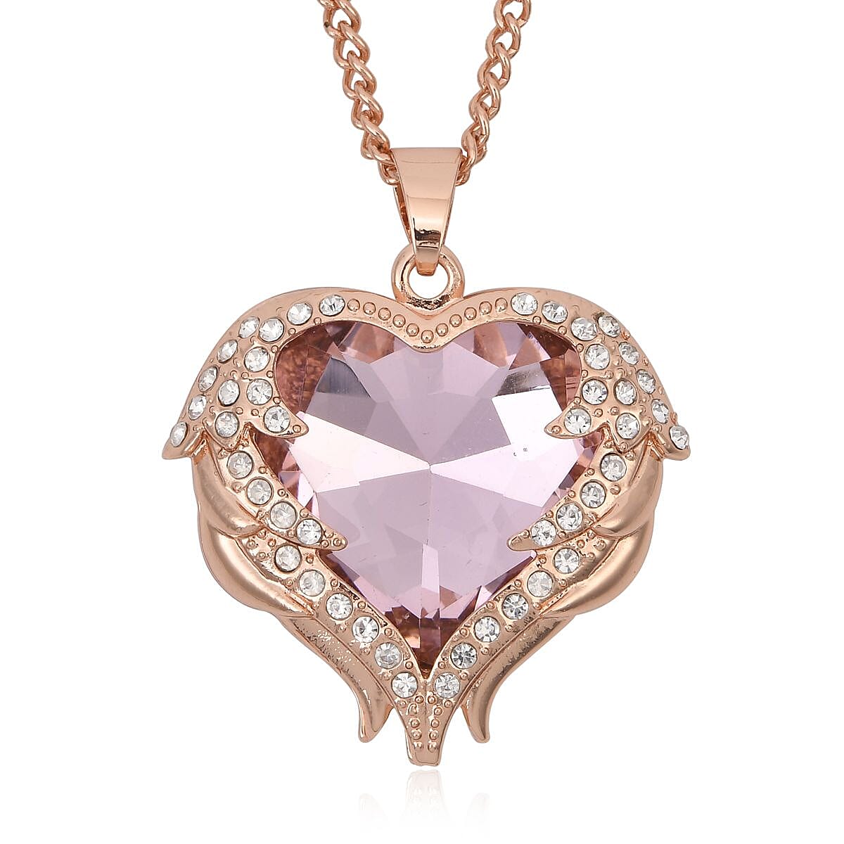 Pink Glass, Austrian Crystal Heart Pendant Necklace 24-26 Inches and Earrings in Rosetone image number 2