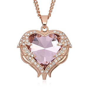 Pink Glass, Austrian Crystal Heart Pendant Necklace 24-26 Inches and Earrings in Rosetone