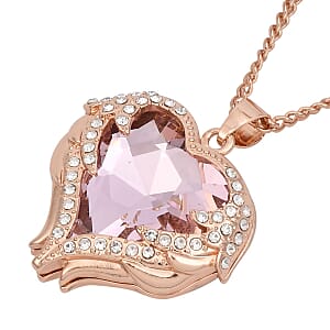 Pink Glass, Austrian Crystal Heart Pendant Necklace 24-26 Inches and Earrings in Rosetone