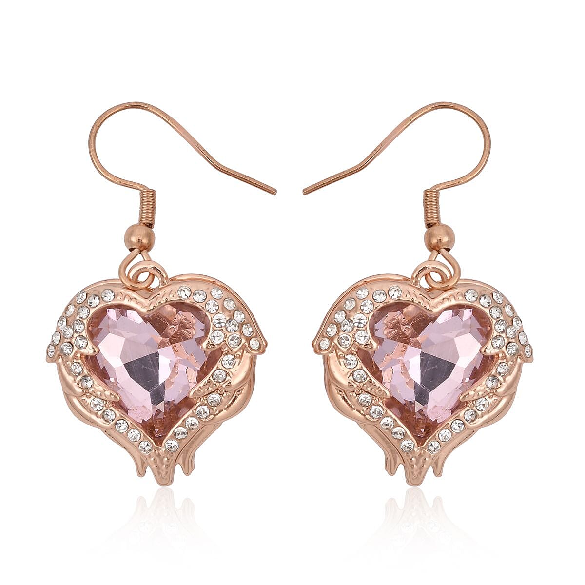 Pink Glass, Austrian Crystal Heart Pendant Necklace 24-26 Inches and Earrings in Rosetone image number 5