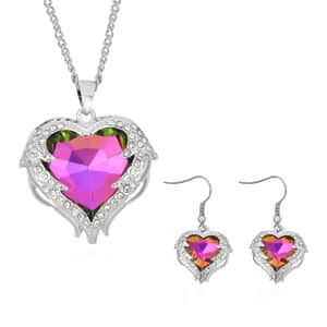 Magic Color Glass, Austrian Crystal Heart Pendant Necklace 24-26 Inches and Earrings in Silvertone