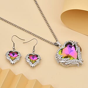 Magic Color Glass, Austrian Crystal Heart Pendant Necklace 24-26 Inches and Earrings in Silvertone