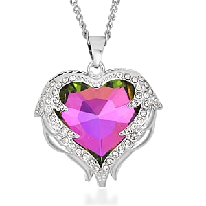 Magic Color Glass, Austrian Crystal Heart Pendant Necklace 24-26 Inches and Earrings in Silvertone