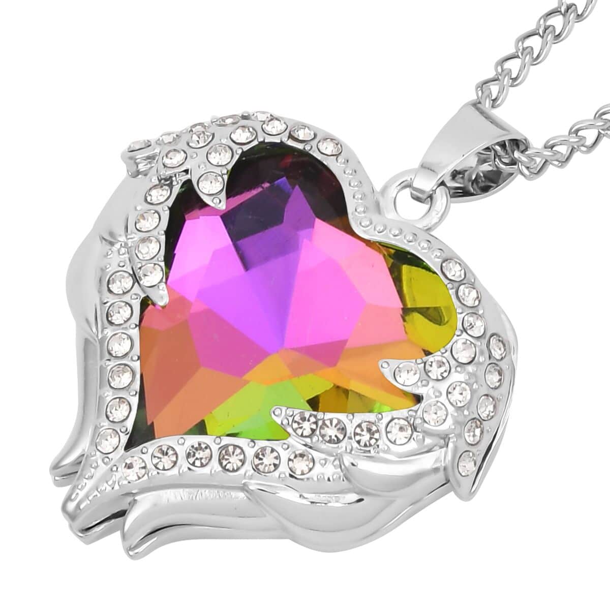 Magic Color Glass, Austrian Crystal Heart Pendant Necklace 24-26 Inches and Earrings in Silvertone image number 3