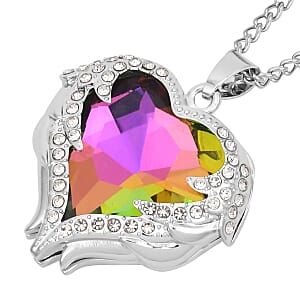 Magic Color Glass, Austrian Crystal Heart Pendant Necklace 24-26 Inches and Earrings in Silvertone
