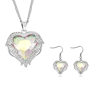 Simulated White Mystic Quartz, Austrian Crystal Heart Pendant Necklace 24-26 Inches and Earrings in Silvertone