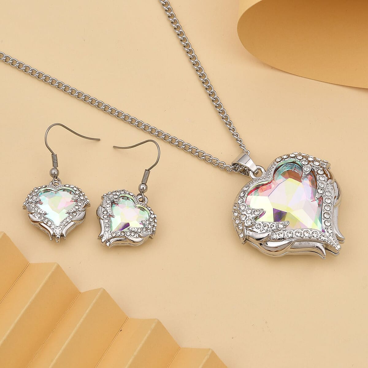 White Mystic Color Glass, Austrian Crystal Heart Pendant Necklace 24-26 Inches and Earrings in Silvertone image number 1
