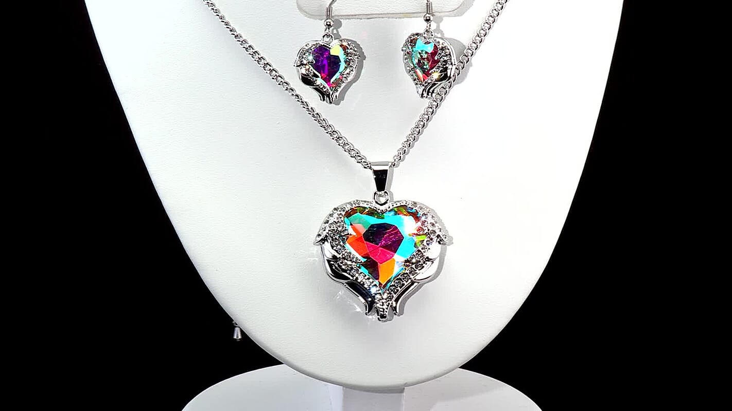 Blue Glass, Austrian Crystal Heart Pendant Necklace 24-26 Inches and Earrings in Silvertone