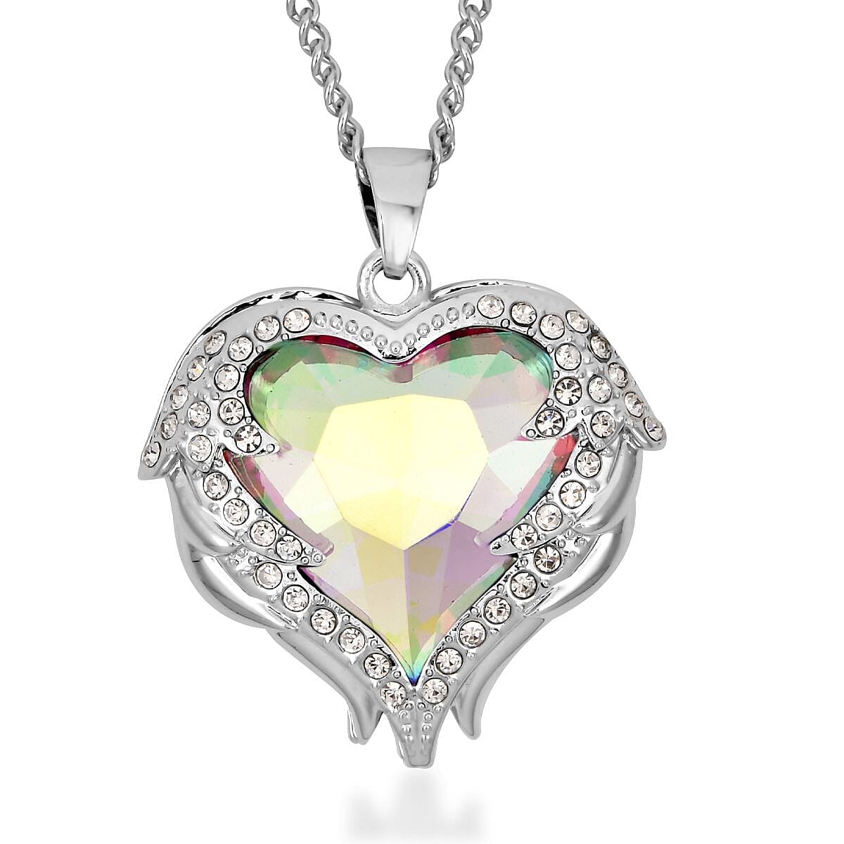 White Mystic Color Glass, Austrian Crystal Heart Pendant Necklace 24-26 Inches and Earrings in Silvertone image number 2