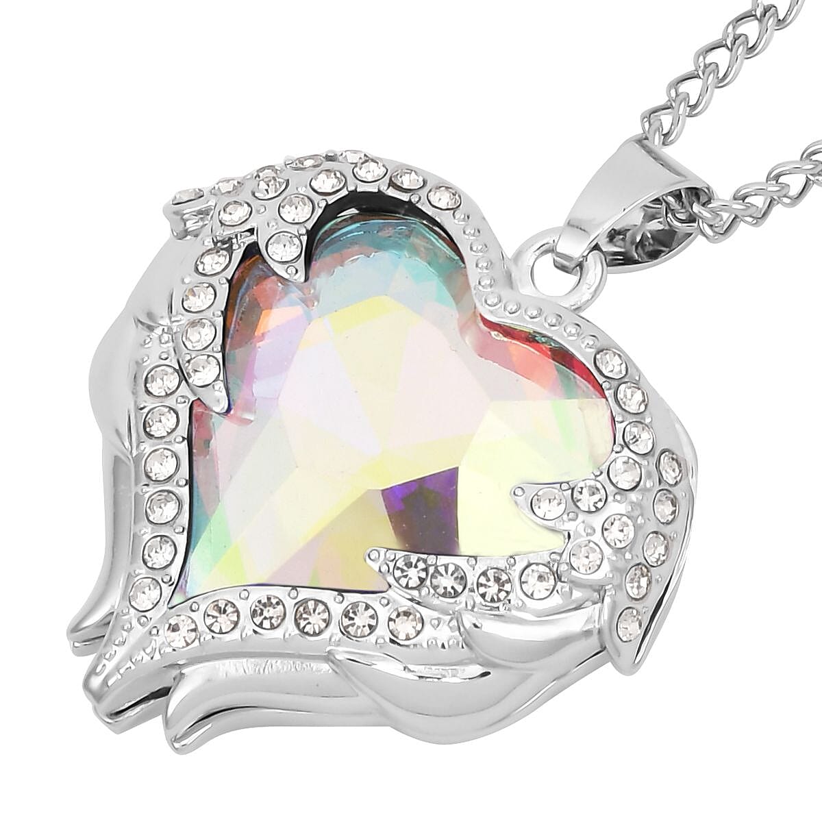 Simulated White Mystic Quartz, Austrian Crystal Heart Pendant Necklace 24-26 Inches and Earrings in Silvertone