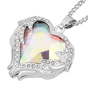 Simulated White Mystic Quartz, Austrian Crystal Heart Pendant Necklace 24-26 Inches and Earrings in Silvertone