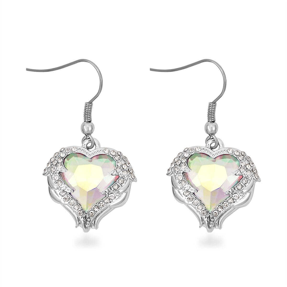 Simulated White Mystic Quartz, Austrian Crystal Heart Pendant Necklace 24-26 Inches and Earrings in Silvertone