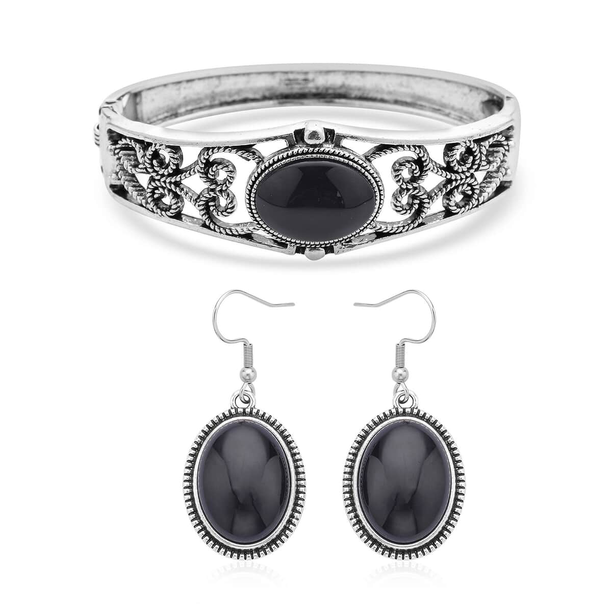 Black Obsidian Bangle Bracelet (7 In) and Earrings in Stainless Steel 50.00 ctw , Tarnish-Free, Waterproof, Sweat Proof Jewelry image number 0