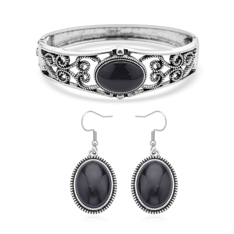 Black Obsidian Bangle Bracelet (7 In) and Earrings in Stainless Steel 50.00 ctw , Tarnish-Free, Waterproof, Sweat Proof Jewelry
