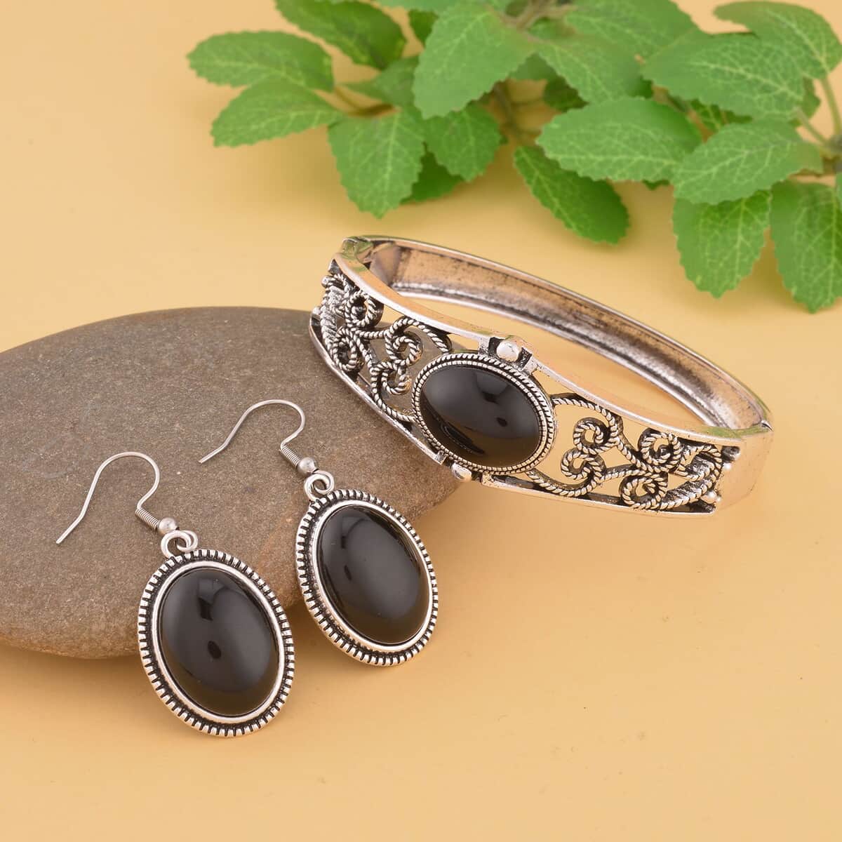 Black Obsidian Bangle Bracelet (7 In) and Earrings in Stainless Steel 50.00 ctw , Tarnish-Free, Waterproof, Sweat Proof Jewelry image number 1
