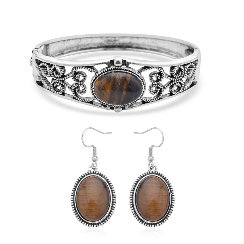 Yellow Tiger's Eye Bangle Bracelet (7 In) and Earrings in Stainless Steel 50.00 ctw , Tarnish-Free, Waterproof, Sweat Proof Jewelry