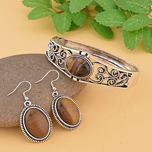 Yellow Tiger's Eye Bangle Bracelet (7 In) and Earrings in Stainless Steel 50.00 ctw , Tarnish-Free, Waterproof, Sweat Proof Jewelry