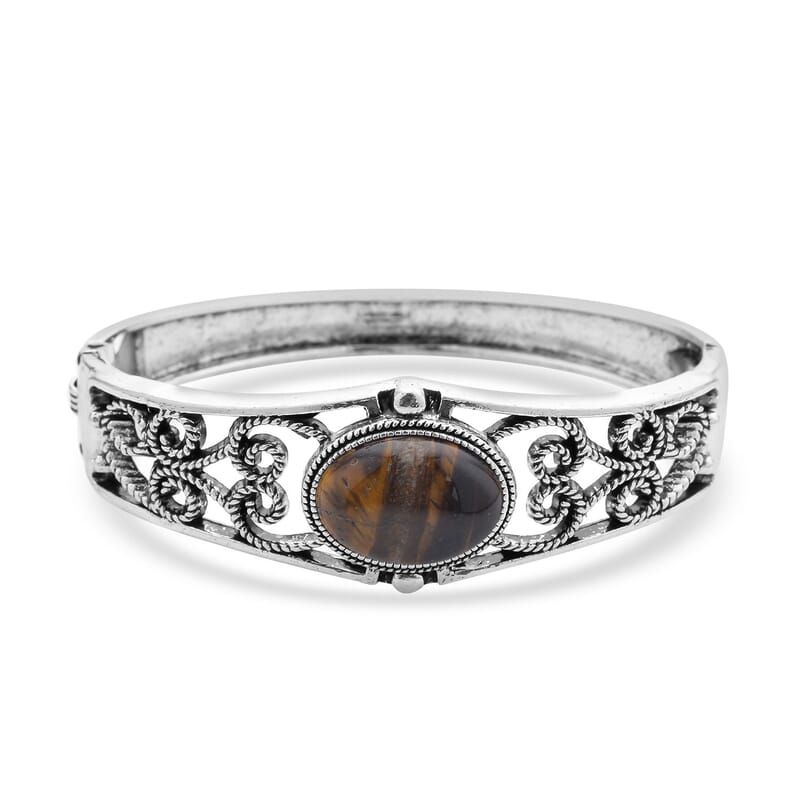 Yellow Tiger's Eye Bangle Bracelet (7 In) and Earrings in Stainless Steel 50.00 ctw , Tarnish-Free, Waterproof, Sweat Proof Jewelry