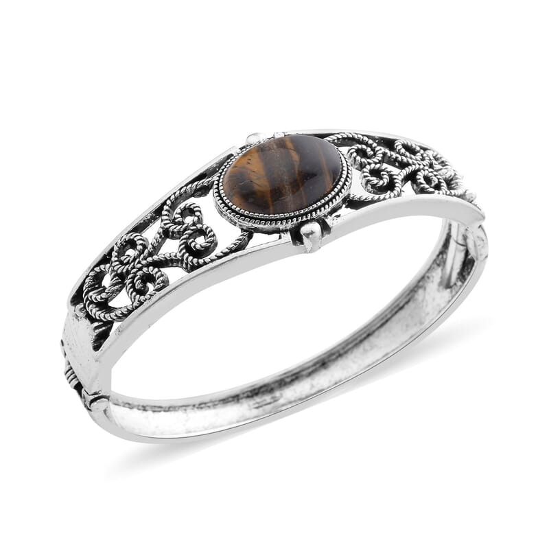 Yellow Tiger's Eye Bangle Bracelet (7 In) and Earrings in Stainless Steel 50.00 ctw , Tarnish-Free, Waterproof, Sweat Proof Jewelry