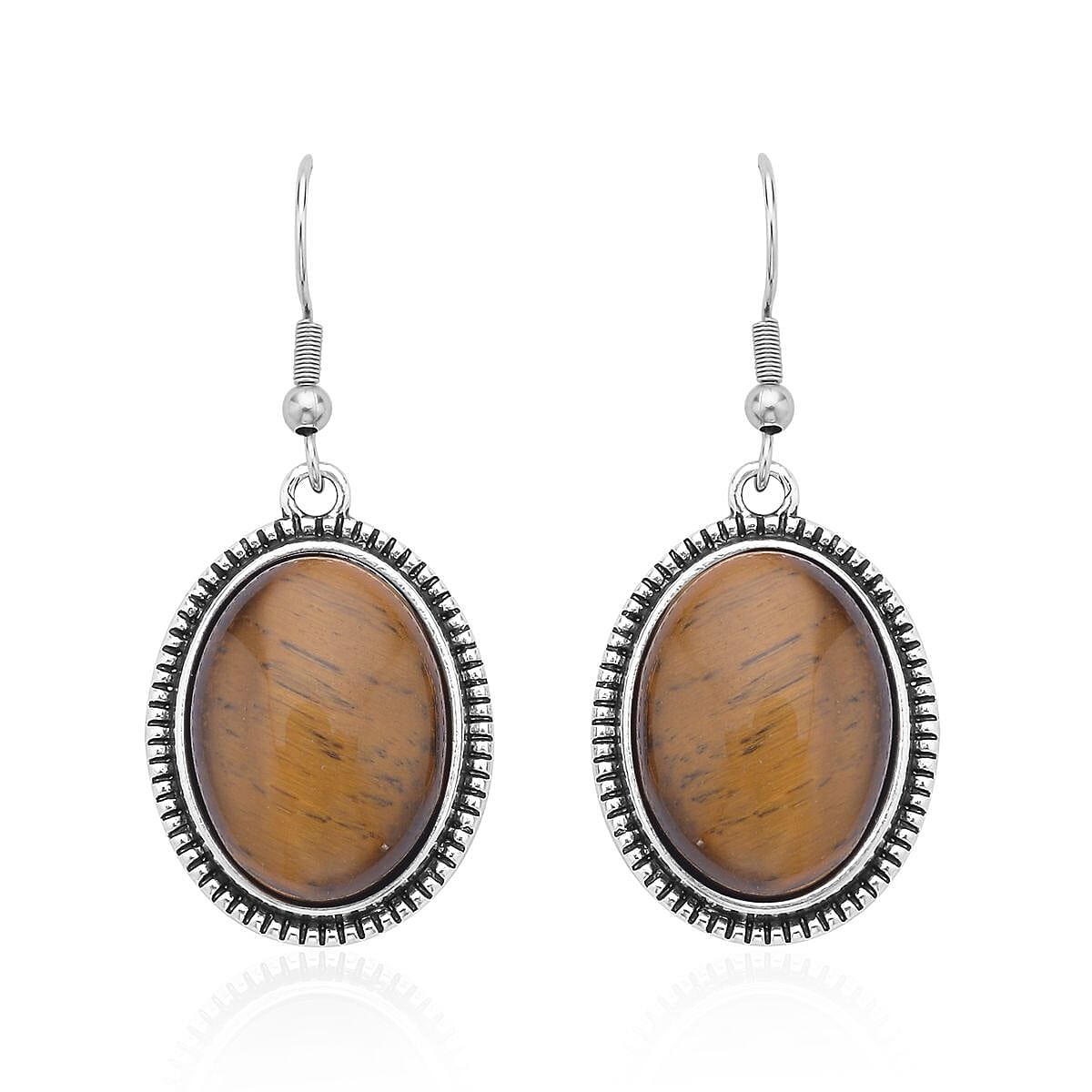 Yellow Tiger's Eye Bangle Bracelet (7 In) and Earrings in Stainless Steel 50.00 ctw , Tarnish-Free, Waterproof, Sweat Proof Jewelry image number 5